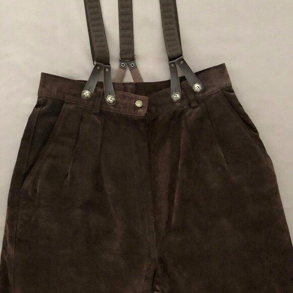 Dark Brown Two Toned Suede Buttoned Suspender Pants - Picture 12 of 12